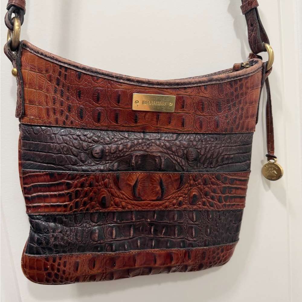 Brahmin Two-Tone Brown Croc-Embossed Shoulder Bag